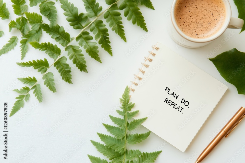 Aufkleber minimalist productivity design sleek typography on white notepad with pen and fern - inspiring conte