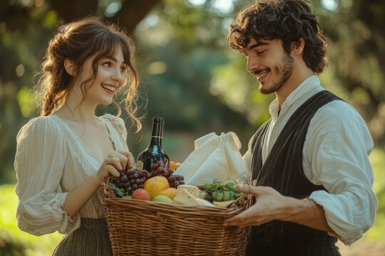 A romantic couple shares a delightful picnic basket filled with fruits, cheese, and wine in a sunlit park. - Powered by Adobe