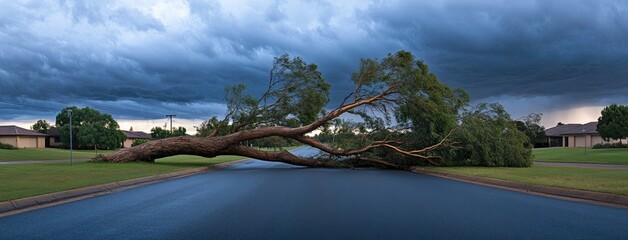A large tree lies across the wet road after a storm, obstructing traffic and creating challenges for local residents and vehicles