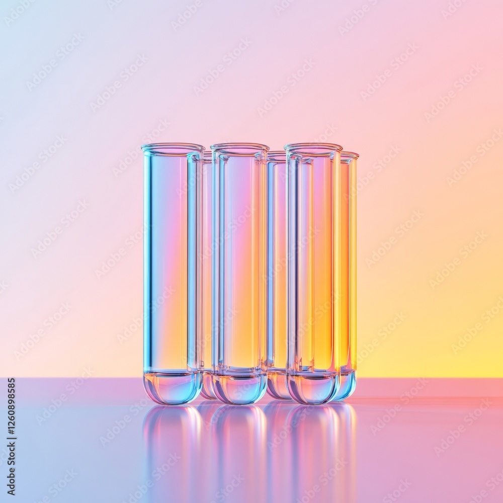 Aufkleber Prismatic Laboratory Aesthetic Gradient Glass Test Tubes on Reflective Surface - Advanced Scientific Research Content for Tech-Driven Clinical Testing and Data Visualization
