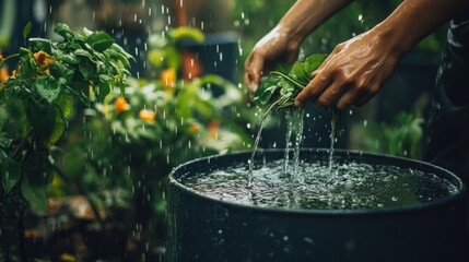Obraz premium Sustainable Gardening – Collecting Rainwater for Plant Care