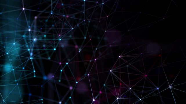 Glowing neon colored plexus grid of digital data nodes and flashing information streams. Full HD and looping computer network data connections technology background.
