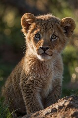 Obraz premium Cute lion cub looking curious in natural habitat during golden hour