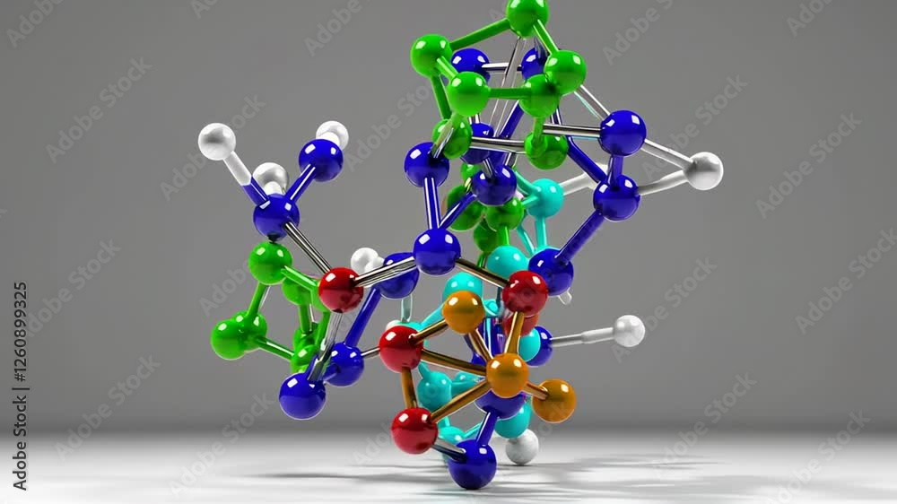 Aufkleber intricate molecule model rotating gradually, revealing detailed colorful structure against pristine 