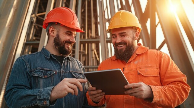 Cheerful builders in construction steel beams building site urban environment positive viewpoint celebrating architecture