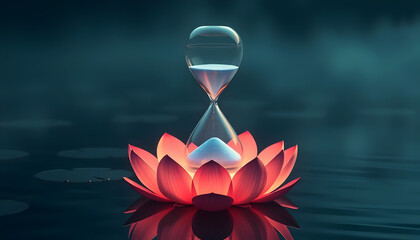 a mystical hourglass with glowing sapphire sand, placed on an illuminated lotus floating in a vast, dark ocean, misty ethereal lighting, hyperrealistic reflections