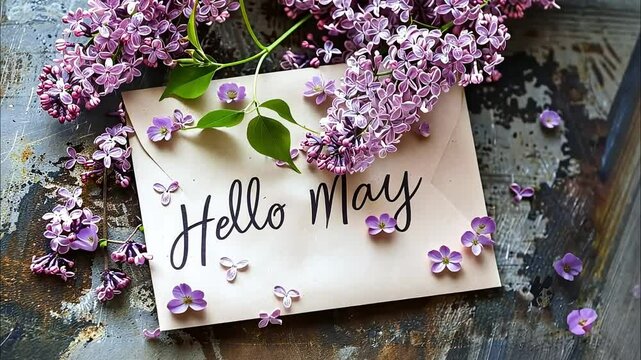 Blooming lilac in spring, close-up, slow motion. Hello may card