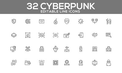 Cyberpunk Line Icons Set | Editable Futuristic and Sci-Fi Icons for Web and App Design