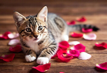 An endearing image of a fluffy kitten nestled among a pile of red and pink rose petals, with small heart-shaped decorations scattered around. The kitten's bright eyes and playful demeanor create a cha