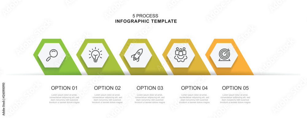 Aufkleber 5 slide process infographic template with icons can be used for workflow, business information, presentation data and web graphic design 