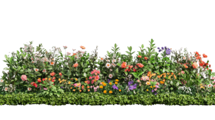 Colorful flower bed blooming with various flowers and green leaves on transparent background