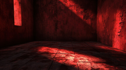 Crimson Room Dark, Red, Grungy, Abandoned, Stone, Walls, Floor, Window, Light, Shadows