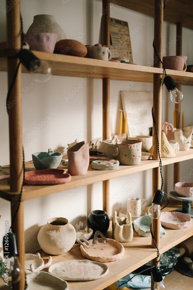 Poster Shelf with handmade clay cups and plates in the pottery studio. Creating ceramics ware with own hands.