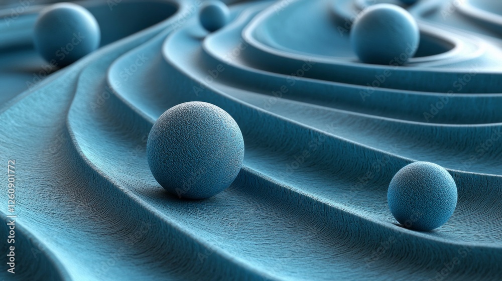 Poster soft blue spheres gently rest on undulating textured waves, inviting a sense of tranquility. the smo