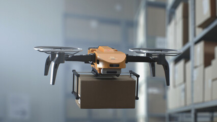 Logistics Distribution Center: UAV Drone Carrying and Delivering Cardboard Box with Products, Goods. AI Automated Guided Vehicle Transporting Package in Modern Retail Warehouse. 3D Future Technology.