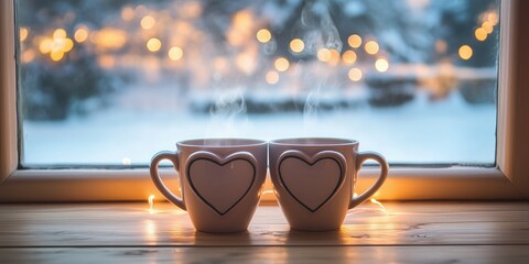 A couple of steaming heart-shaped mugs placed side by side on a wooden table, with a frosty window in the background.