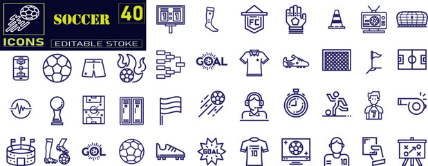 Football and soccer line icons collection. Containing jersey, soccer field, stadium, referee, goal, trophy, dribble, player and more. 