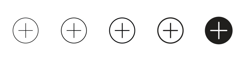 set of 5 pixel perfect Plus icon with 1 unexpanded, 1 silhouette, A plus icon represents addition, expansion and positivity