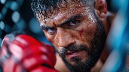 A determined fighter in a close-up shot, showcasing intense focus and grit, with sweat and bruising that highlights the dedication and energy of competitive combat sports and athleticism.