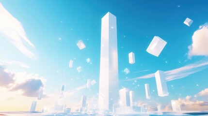 A striking 3D futuristic design of a white landmark surrounded by abstract geometric shapes and floating forms, set against a vibrant blue sky with wispy clouds.