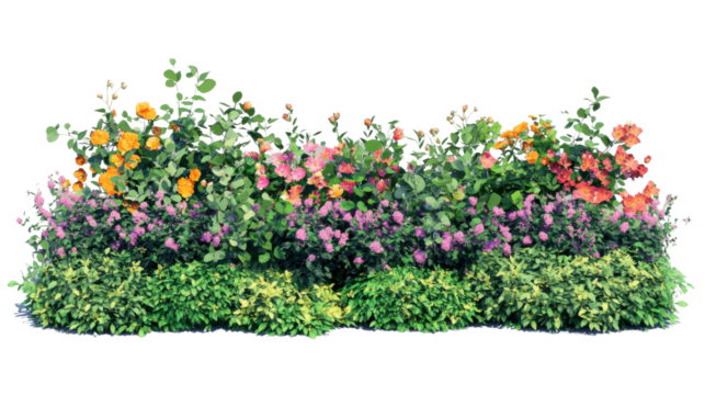 Colorful flower bed blooming with various flowers on transparent background