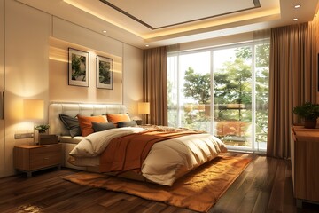 Fototapeta premium Luxury bedroom with orange and white bedding and pillows