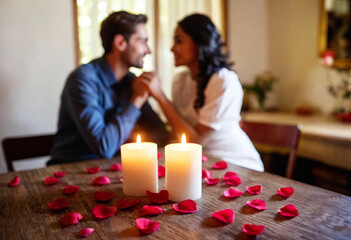 A dreamy photo showcasing a table filled with lit candles surrounded by delicate rose petals. In the background, a couple shares a loving gaze, slightly blurred to emphasize the foreground's details, 