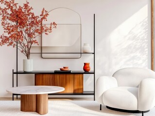 Modern Living Room, Showcasing Stylish Furniture Arrangement, Vibrant Decorative Elements, Inviting Cozy Atmosphere