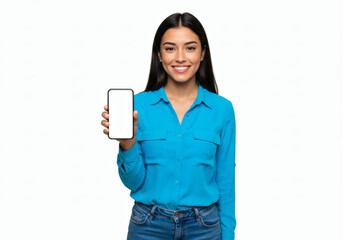 Fototapeta premium woman showing blank phone screen, Person holding smartphone with empty display, Generative AI image