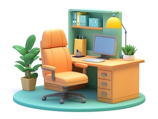 Fototapeta premium A cozy home office setup featuring an orange chair, a wooden desk with drawers, a computer, and decorative plants.