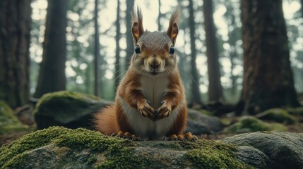 Obraz premium Curious red squirrel posing on moss-covered rock in misty forest