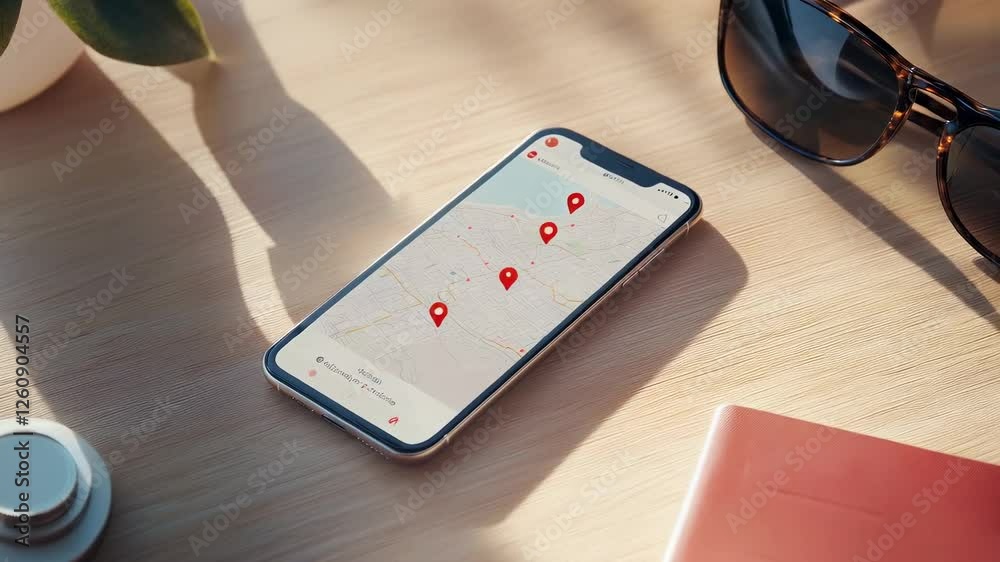 Poster Navigation app displaying increasing location pins on a map, in slow motion, on a smartphone placed on a wooden table next to sunglasses and a notebook