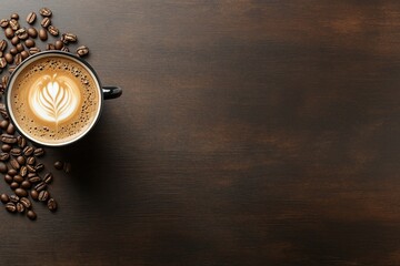 Flat lay high angle shot of a cappuccino cup with latte art and some roasted coffee beans, on a wooden surface, with copy space for text.
