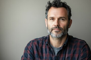 Obraz premium Confident Middle-Aged Man with Beard in Casual Attire Against Neutral Background