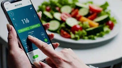 Close up slow motion montage of a woman using a calorie tracking application on her smartphone, with a plate of fresh salad in the background, indicating a focus on diet and nutrition