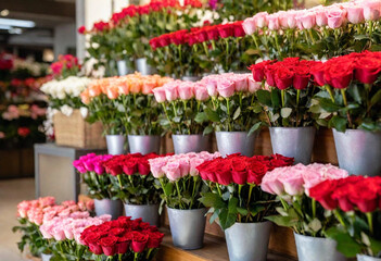 A vibrant flower shop bursting with Valentine's Day spirit, featuring colorful arrangements of roses in heart-shaped vases, along with cheerful decorations and festive signage promoting love and roman