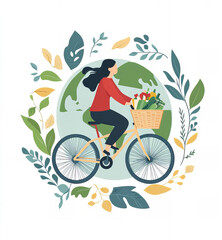 Woman Riding a Bicycle with a Basket Full of Groceries, Surrounded by Green Leaves, Isolated on White Background