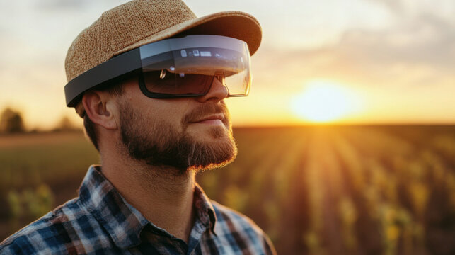 farmer wearing augmented reality glasses in sunset field, accessing technology for improved agriculture. scene captures innovation and nature harmoniously - Powered by Adobe