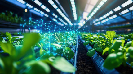 Futuristic bio farm with AI analyzing soil data for optimal growth. Lush green plants thrive under bright lights, showcasing advanced agricultural technology