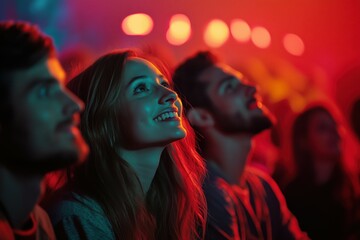 A small group of friends in the front row at a concert, their expressions filled with awe and happiness.
