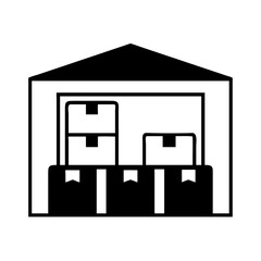 Warehouse icon with boxes inside in black and white style, storage and inventory management concept
