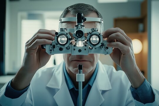 An optometrist wearing a white coat adjusting a phoropter in front of a patient's face during an eye exam.