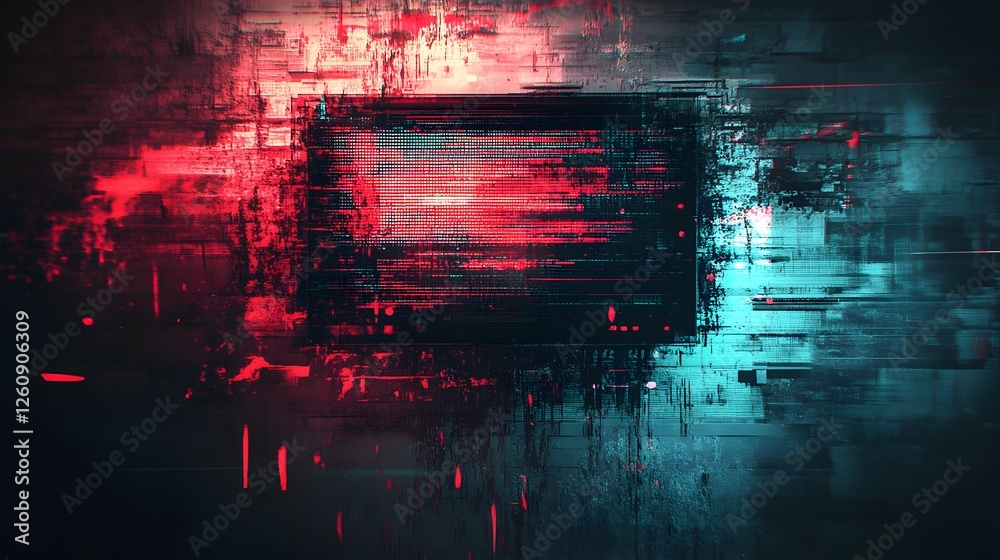 Poster Striking abstract background with intense digital glitch effect featuring chaotic neon interference RGB color distortion and surreal technological patterns