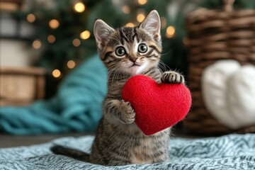Cute havana brown baby cat with domestic animal toy red heart at cozy homestead. Havana brown - my desired cat, symbol of care. Ad campaign domestic animal visual idea. Love paws and fur.