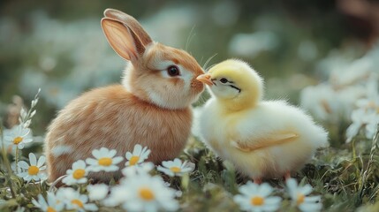 Cute bunny and chick in daisy field; heartwarming scene