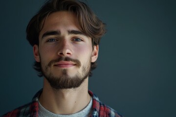 Obraz premium Portrait of a Young Man with Stylish Hair and Beard Against a Dark Background