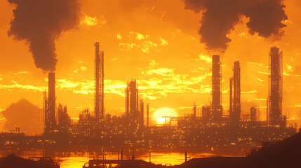 Naklejka premium massive oil refinery at dawn with giant pipes and smokestacks silhouetted against vibrant orange sky. scene captures industrial beauty and environmental impact of energy production