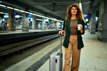 In the subway, a businesswoman with takeaway coffee in hand pulls a suitcase.