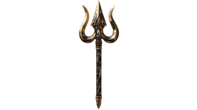 Golden trishul representing power and spirituality on transparent background