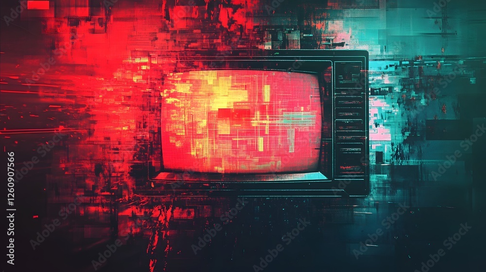 Poster Striking abstract digital glitch effect on vintage TV screen with vibrant neon color patterns creating a futuristic surreal and energetic visual art composition